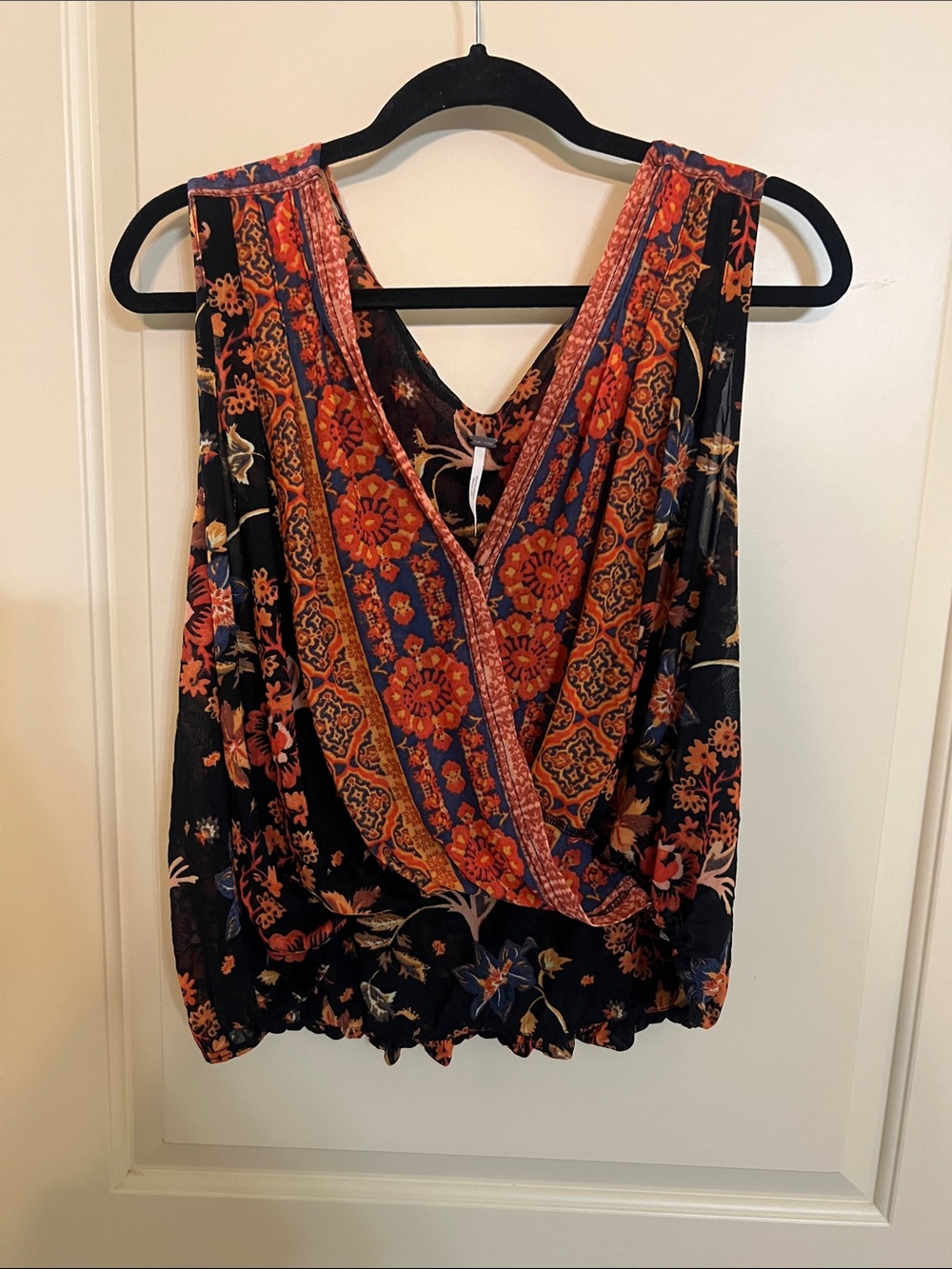Free People Navy Floral Wrap-Style Camisole with Orange Accents
